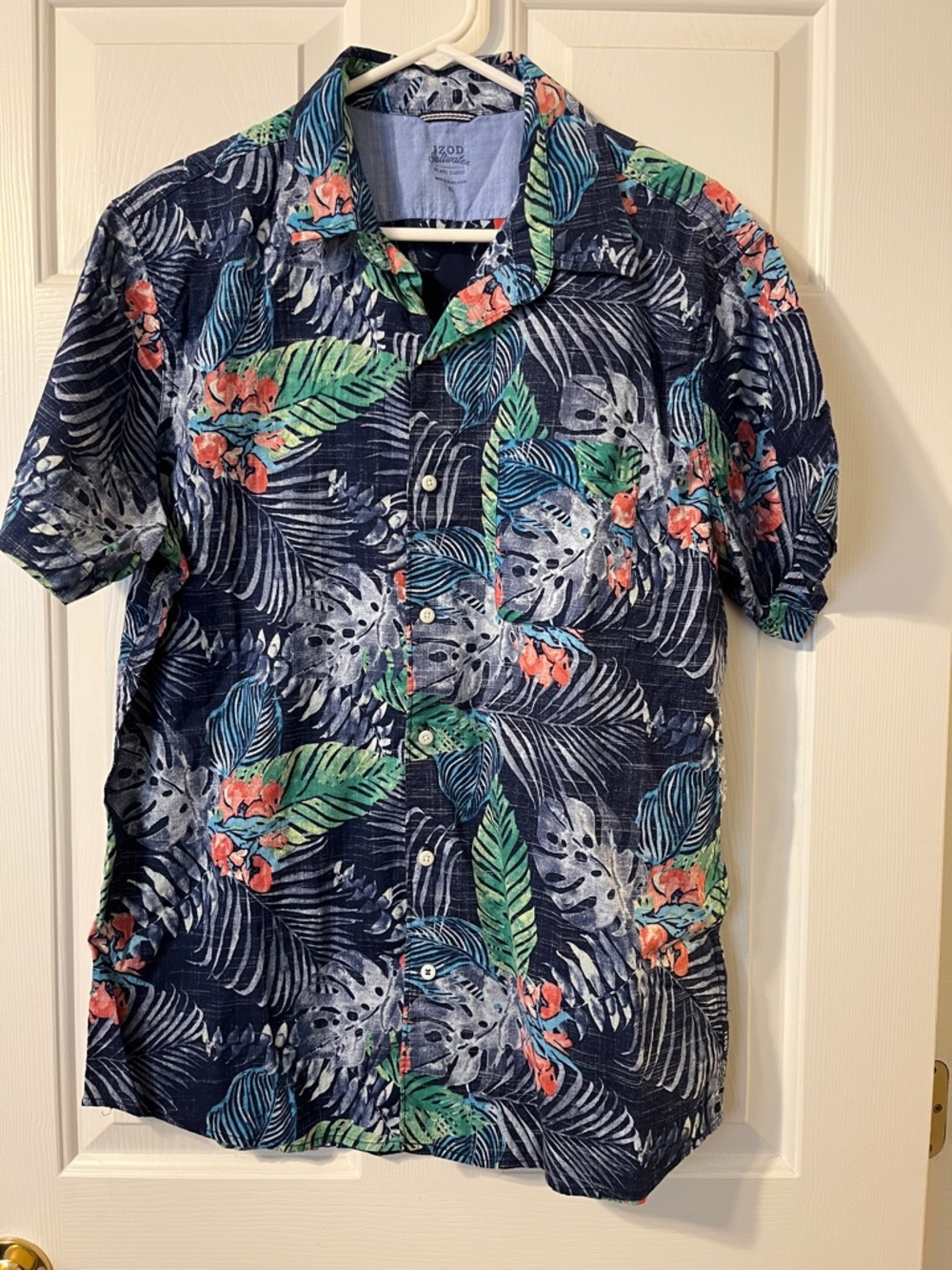 Izod Navy Tropical Floral Button-Down Shirt with Teal and Coral Accents